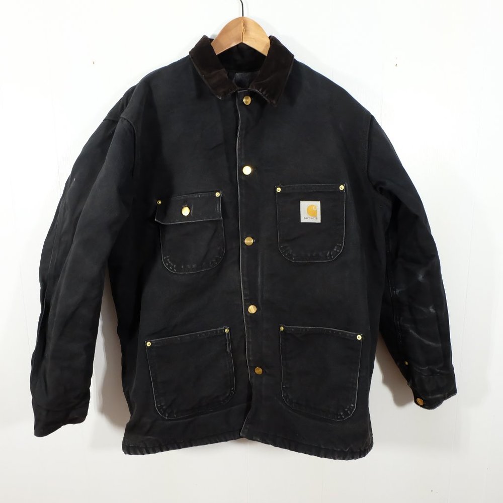 Carhartt Work Coat jacket Mens 42 Regular Black Large Firm Duck Blanket Lined